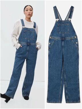 Everlane Denim Utility Overalls Medium Wash Blue Jean Jumpsuit Size Large